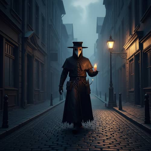 Eerie Encounter: Plague Doctor Seeks Spark of Life in Dark Street