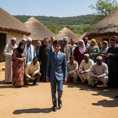 Stylish South Asian Boy in Modern Suit Amidst Rural Village