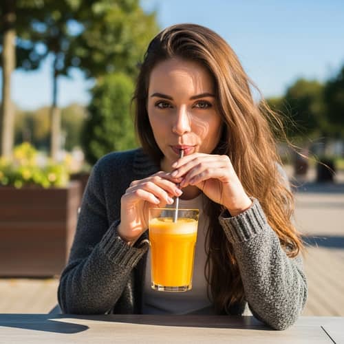 Cheerful Daisy Enjoying Fresh Juice Outdoors