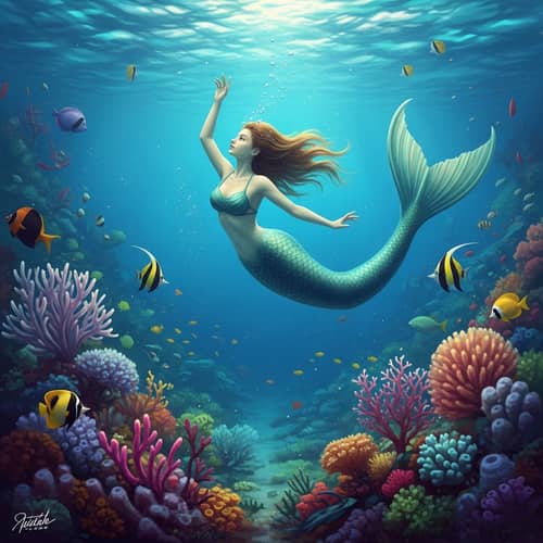 Surreal Underwater Scene with Mermaid and Marine Life