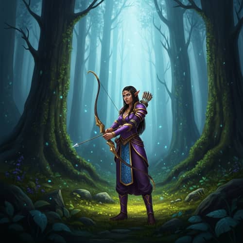 Mystical Woodland Setting: Female Elven Archer in Vibrant Colors