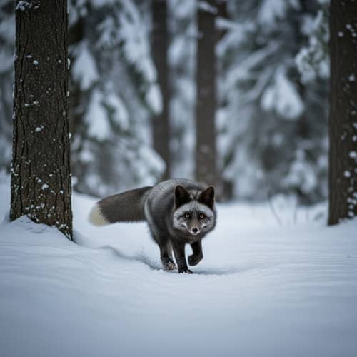 Silver Fox Striding Through Snowy Forest