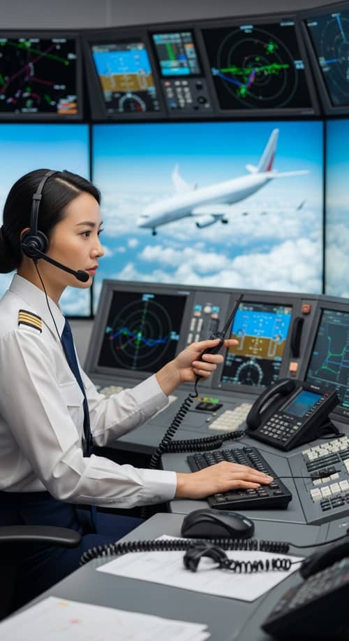 Female Air Traffic Controller in Tense Radio Communication with Pilot