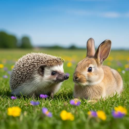 Adorable Hedgehog and Rabbit Friendship in Meadow