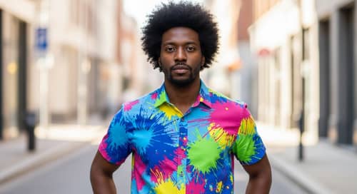 Stylish Man with Afro Hairstyle in Colorful Abstract Shirt