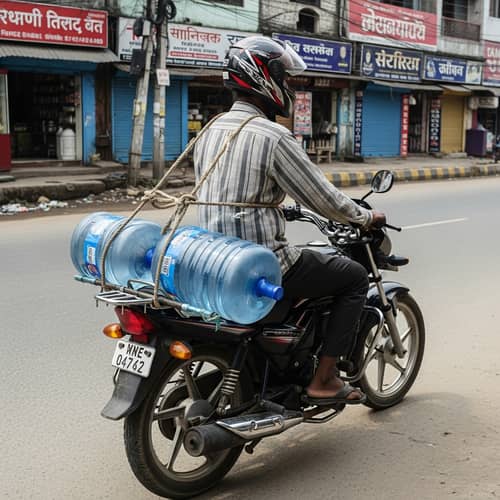Experienced South Asian Man Delivering Mineral Water on Motorcycle