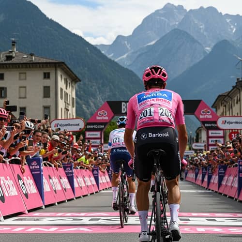 Maglia Rosa Cyclist Races through Belluno Landscape - Giro d'Italia 2024