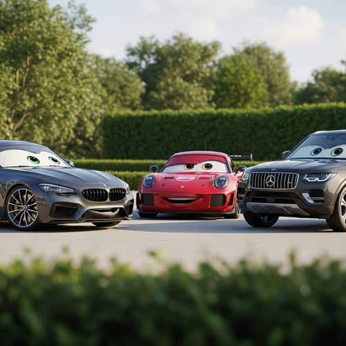 Luxury Vehicles Conversation - Surreal Scene with Cartoonish Cars