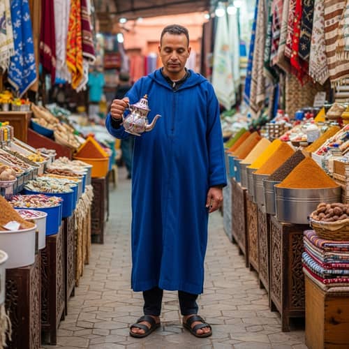 Moroccan Man in Traditional Djellaba Robe - Marrakech Market Scene