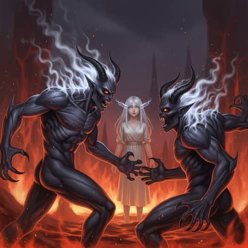 Demonic Battle in Fiery Landscape for a Girl - Symbolic Hell Scene