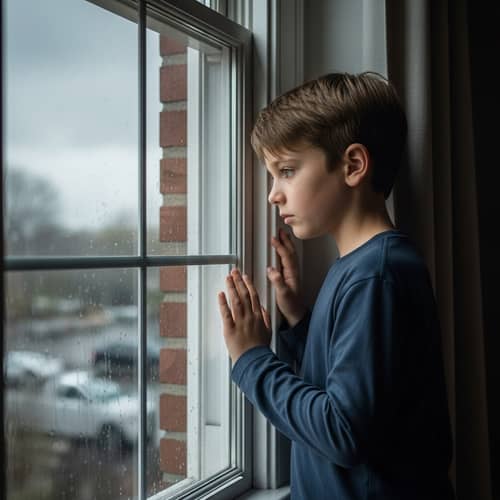 Poignant Scene of A Sad Child Looking Out the Window