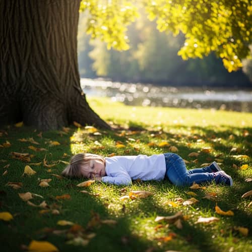 Tranquil Image of Unconscious Child on Grass Near River