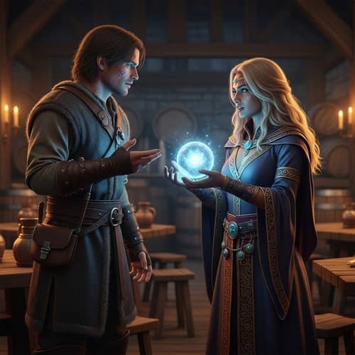 Intense Discussion in Dimly Lit Tavern - Man and Sorceress Meeting
