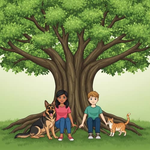 Tranquil Nature Scene: South Asian Girl and Caucasian Boy with Pets under Tree