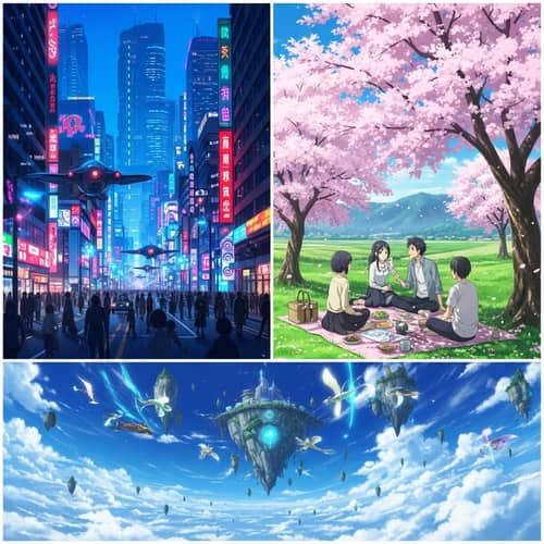 Anime Images: Cityscape, Countryside Picnic, and Magical World