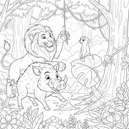 Monochrome Lion, Boar, and Meerkat Animated Image for Coloring