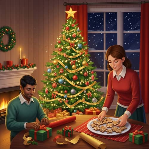 Festive Christmas Celebration with Decorated Tree & Holiday Joy