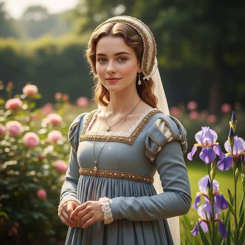 Caucasian Girl in Renaissance Attire | Tranquil Garden Setting