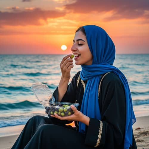 Middle-Eastern Girl Enjoying Olives by the Sea