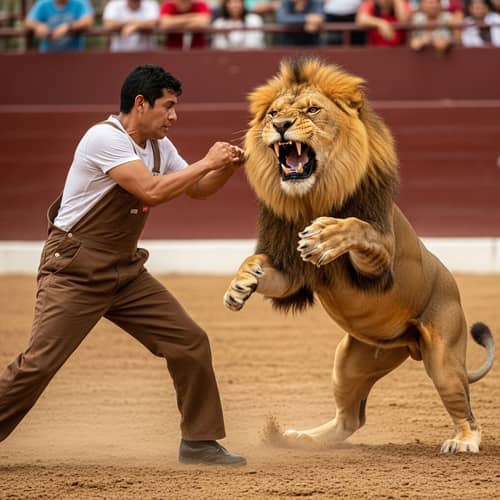 Hispanic Worker vs Lion: Courageous Battle in Dusty Arena