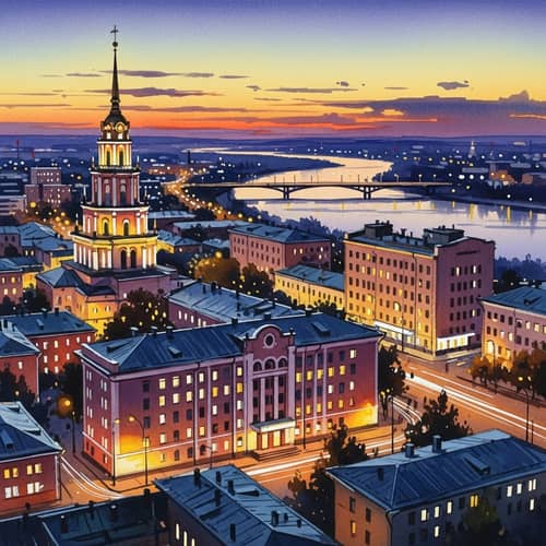 Vibrant Cityscape of Barnaul: Traditional Watercolor Painting