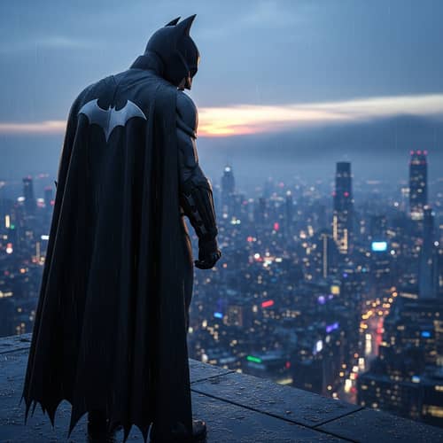 Dark Vigilante Gazing Over City Rooftops | Nocturnal Bat Emblem