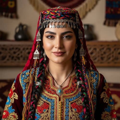 Traditional Kurdish Woman with Long Braided Hair