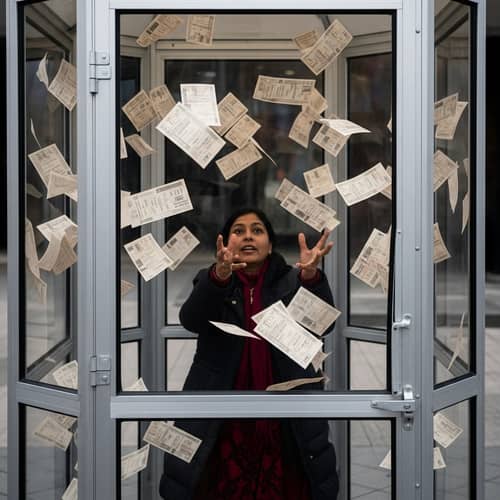 South Asian Woman Catching Swirling Coupons in Transparent Booth