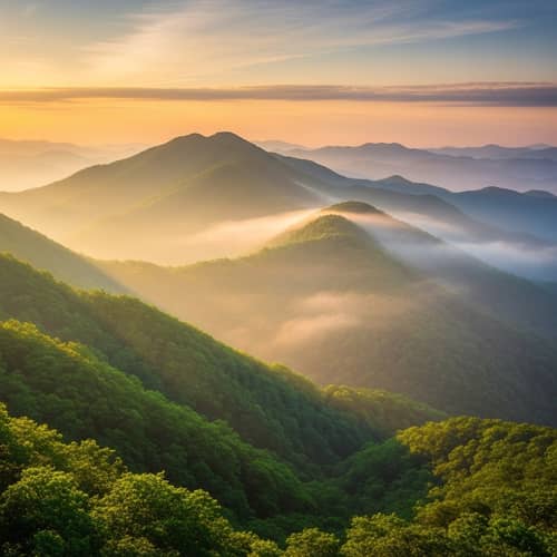 Tranquil Sunrise Over Lush Mountain Range - Peaceful Landscape View