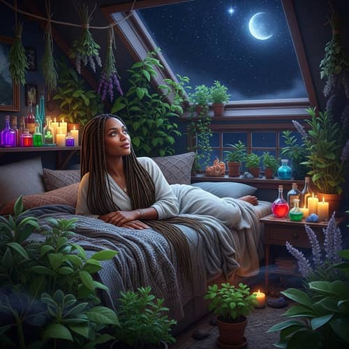 Serene African American Woman with Braids Surrounded by Plants and Herbs