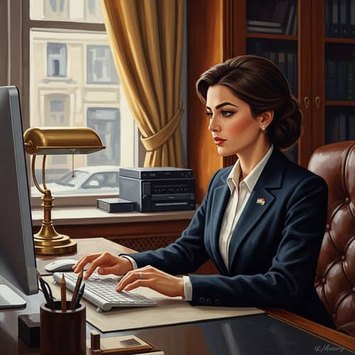 Vintage-Inspired Oil Painting of 28-Year-Old Tajik Woman in Office Suit