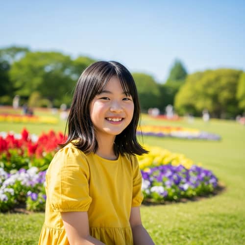 Young East Asian Girl in Yellow Summer Dress Smiling in Park