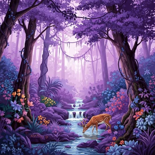 Enchanting Purple Forest Painting with Deer Drinking Water