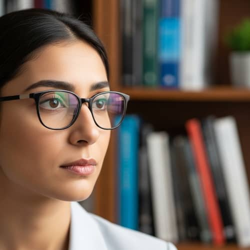 Experienced Middle-Eastern Female Psychologist Analyzing Intently