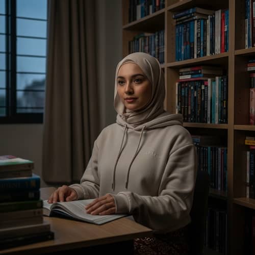 Malay Woman in Traditional Hijab and Hoodie in Cozy Study Room