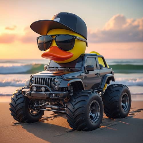 Cool Rubber Duck with Sunglasses on Beach at Sunset