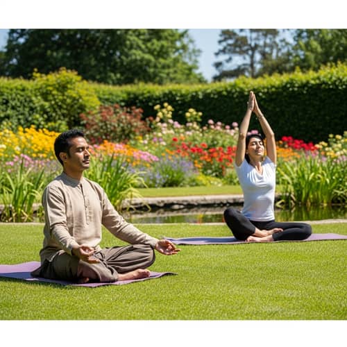 Peaceful Meditation in Lush Garden with Blooming Flowers