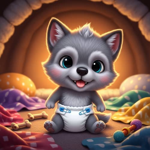 Adorable Newborn Wolf Pup in a Diaper - Cute Cartoon Image