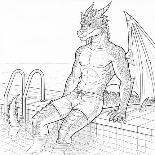 Dragon Demi-Human Poolside - Pencil Drawing Art