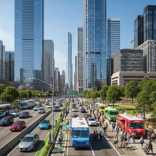 Vibrant Cityscape: Skyscrapers, Food Trucks, Diverse Citizens