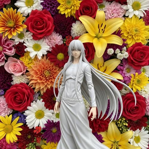 Slim Long-Haired Humanoid Figurine in Colorful Flower Backdrop