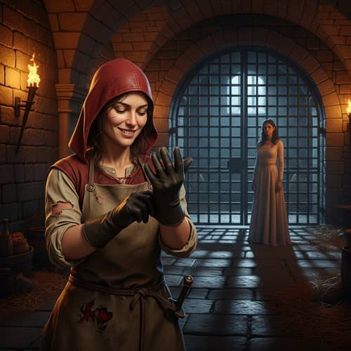 Medieval Castle Basement Scene: Woman in Red Leather Hood