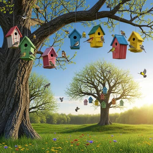 Scenic Birdhouse Collection in Spring Countryside