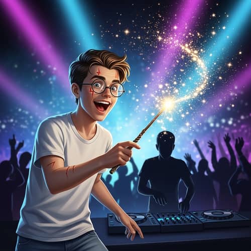 Exciting Wizard at Neon Rave Party - Sparkling Magic Wand!