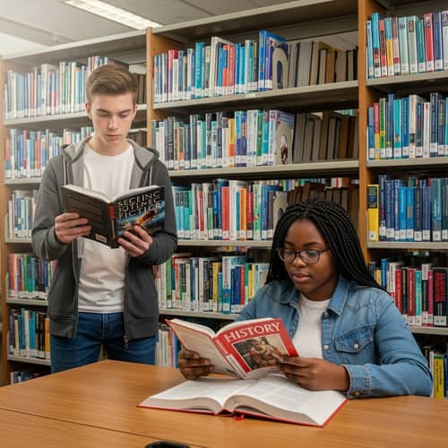 Teenage Boy and Girl Engrossed in Library | Science Fiction & History Books