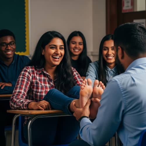Vibrant Classroom Moment: Female Student Laughs as Teacher Tickles Feet