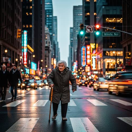 Resilient Elderly Woman Crossing City Street