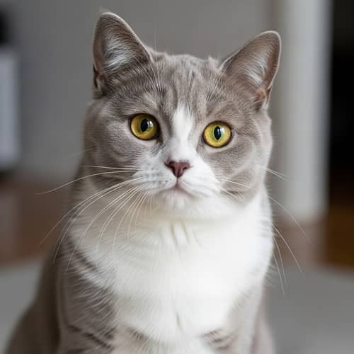 Petite Scottish Short Hair Cat with Yellow Eyes | Grey & White Fur