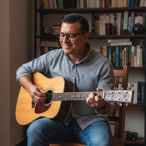 Middle-aged Hispanic Man Playing Acoustic Guitar | Music Enthusiast