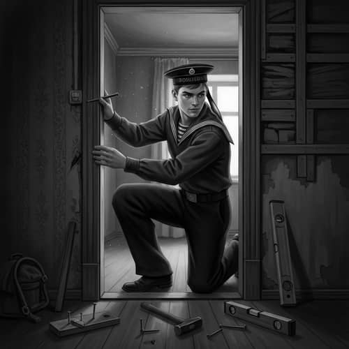 Vintage Black and White Poster Art with Russian Sailor Installing Door